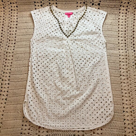 Lilly Pulitzer x Target White Eyelet Brass Studded Tunic Swim Coverup Sz Small - Picture 2 of 9